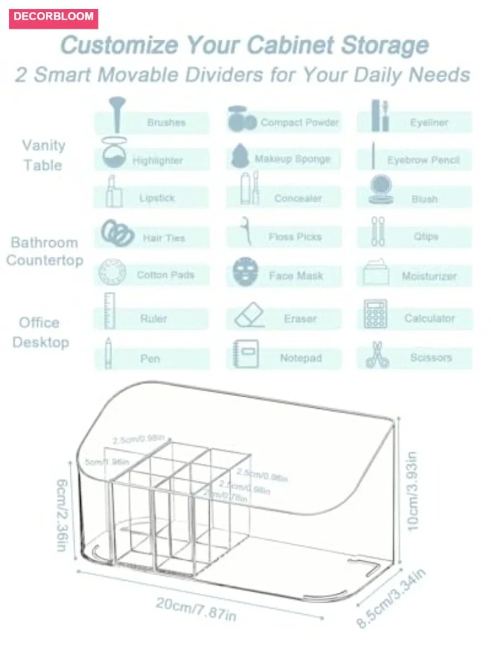 Crystal Clear Acrylic Makeup Tray Organizer with 9 Compartments